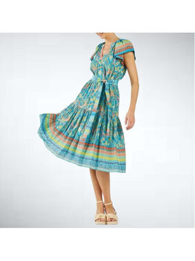 Size S Anthropologie Current Air Paisley Border Print Midi Dress in Blue/Orange